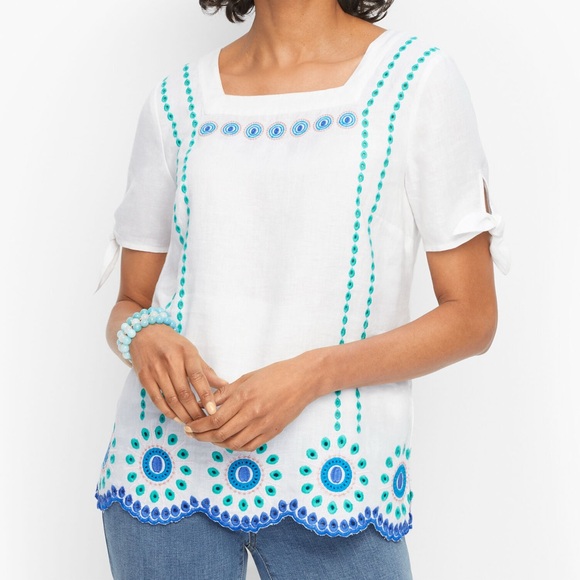 Talbots Tops - Talbots white linen blend embroidered eyelet tie sleeve square neck spring top L